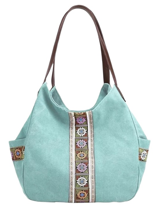 Worldlyda Handbags - Bohemian Embroidered Tote Bag w/ side pockets Aqua Turquoise color NWT